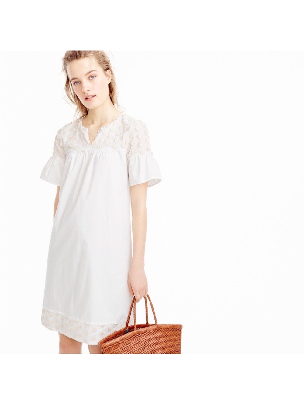 J Crew Bell Sleeve Dress With Fringe Dot Marine Salt Ivory Size 6